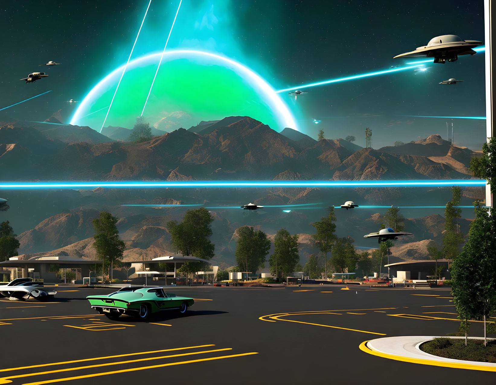 Futuristic parking lot with flying vehicles and green aurora above mountainous landscape