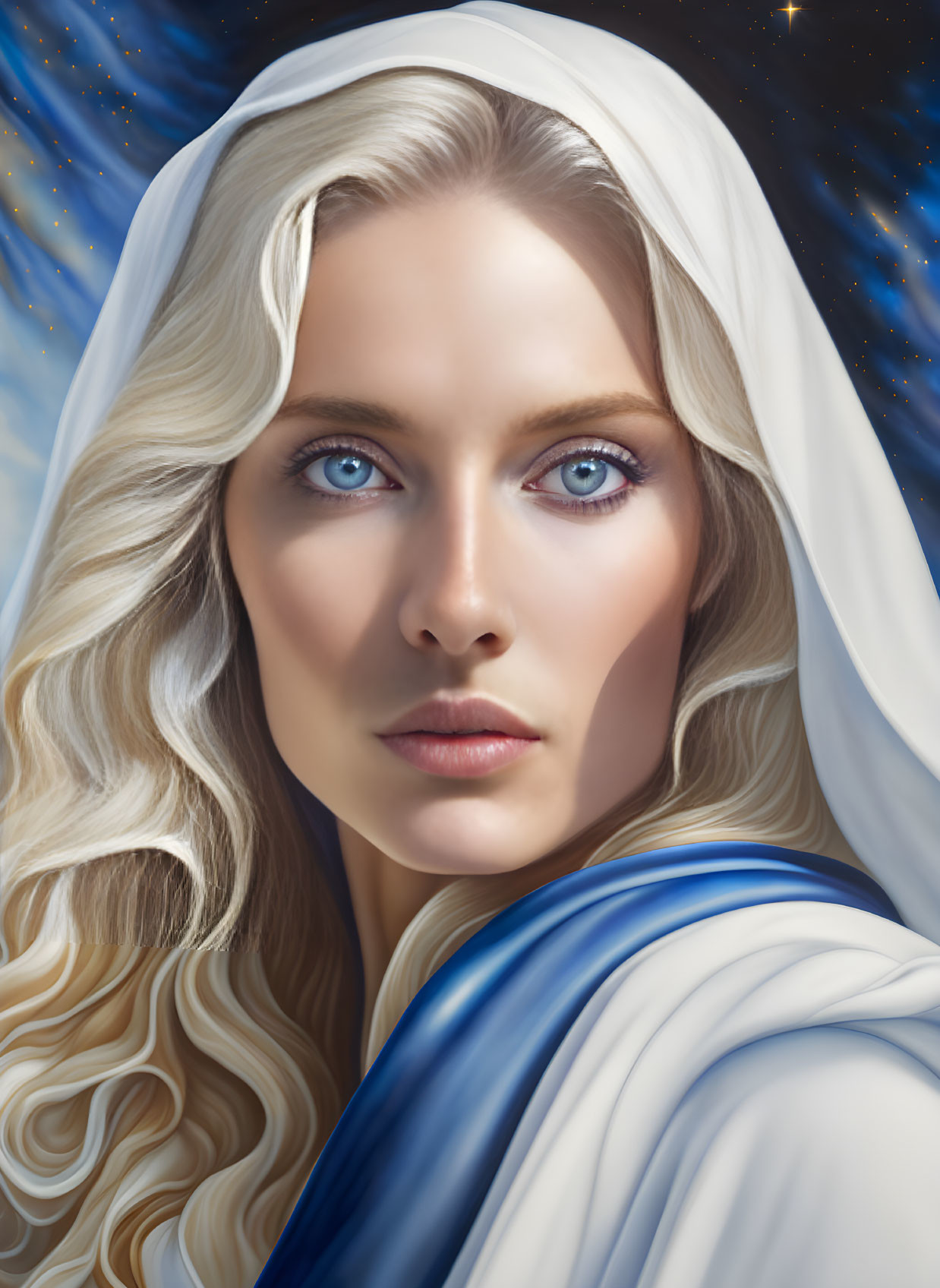 Blonde Woman in White Veil and Blue Robe Under Starry Sky