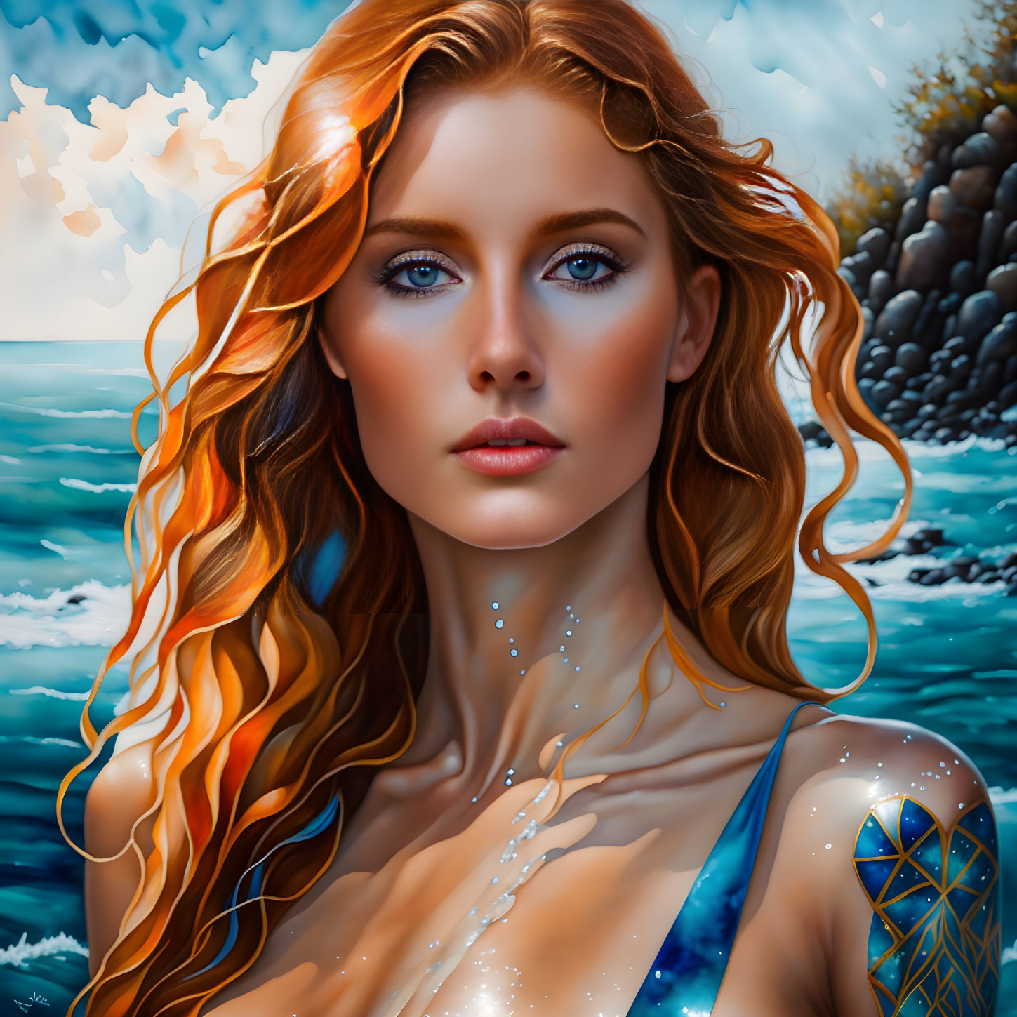 Woman with Red Hair and Blue Eyes by the Sea: Geometric Tattoo on Shoulder