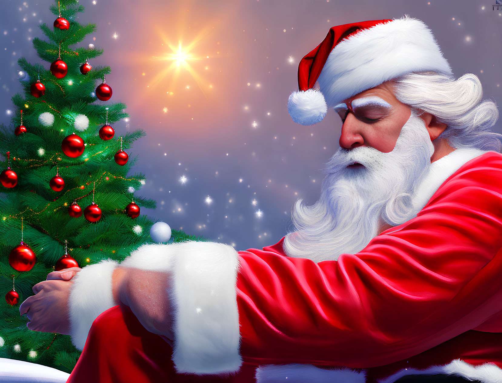 Santa Claus illustration in red suit with closed eyes next to glowing Christmas tree