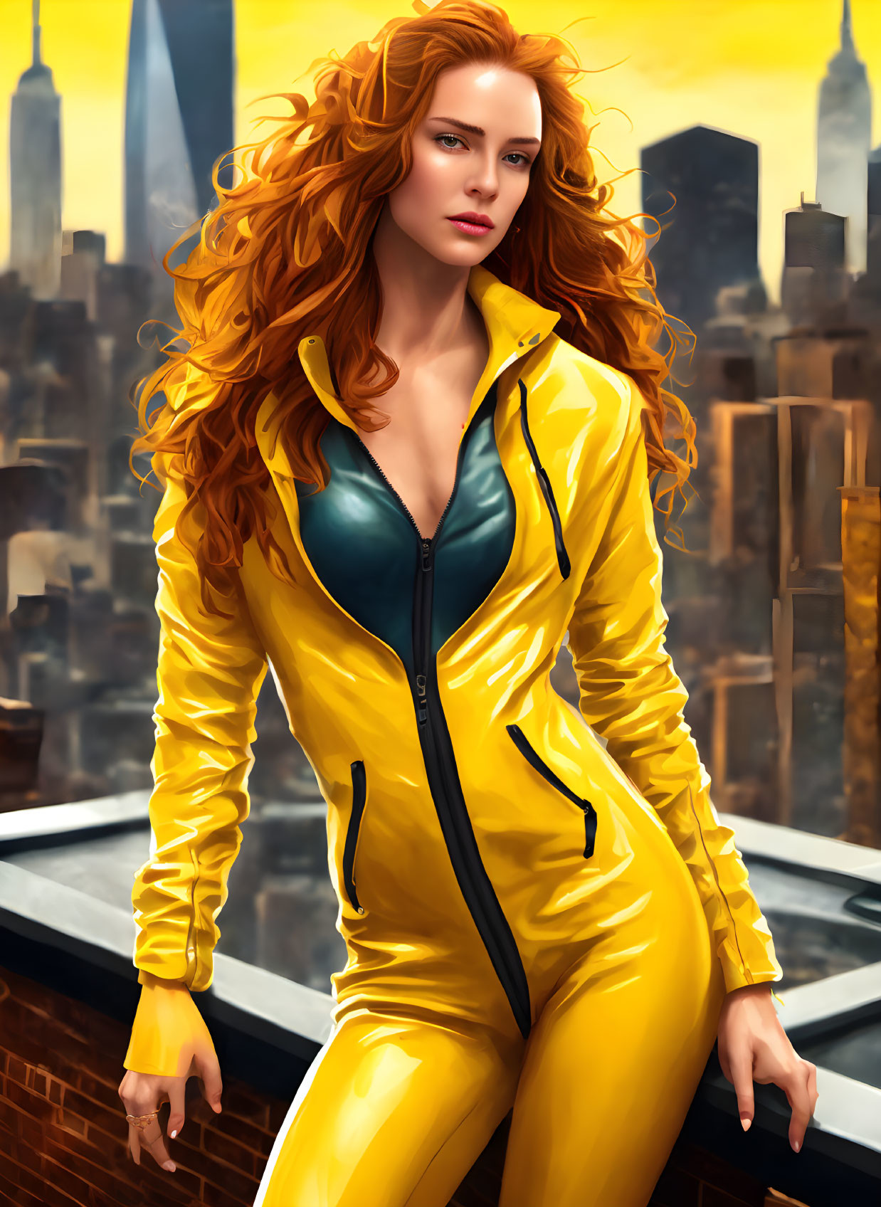 Digital illustration: Woman with long red hair in yellow suit on rooftop