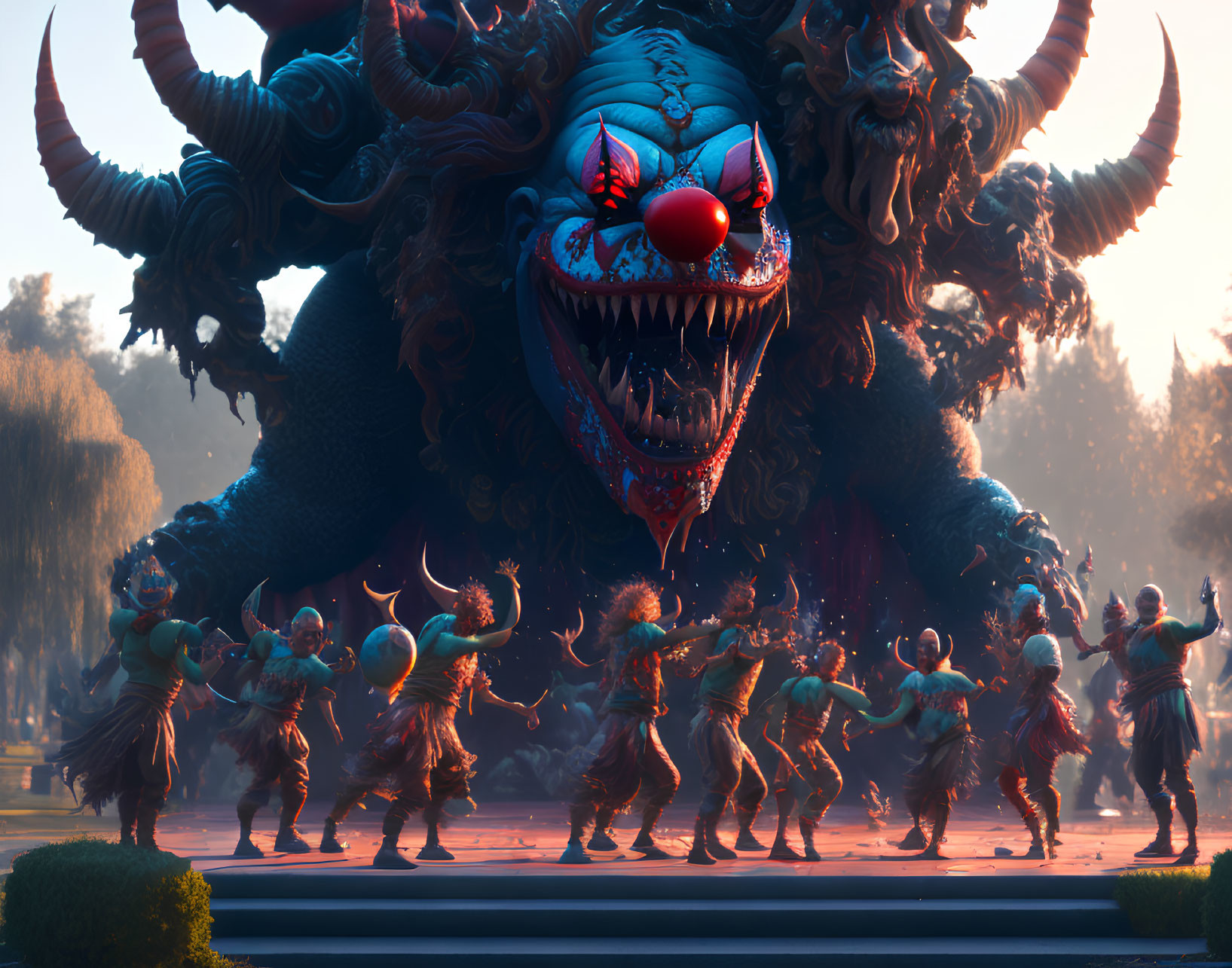 Clown-faced beast looms over creatures in dusk scene