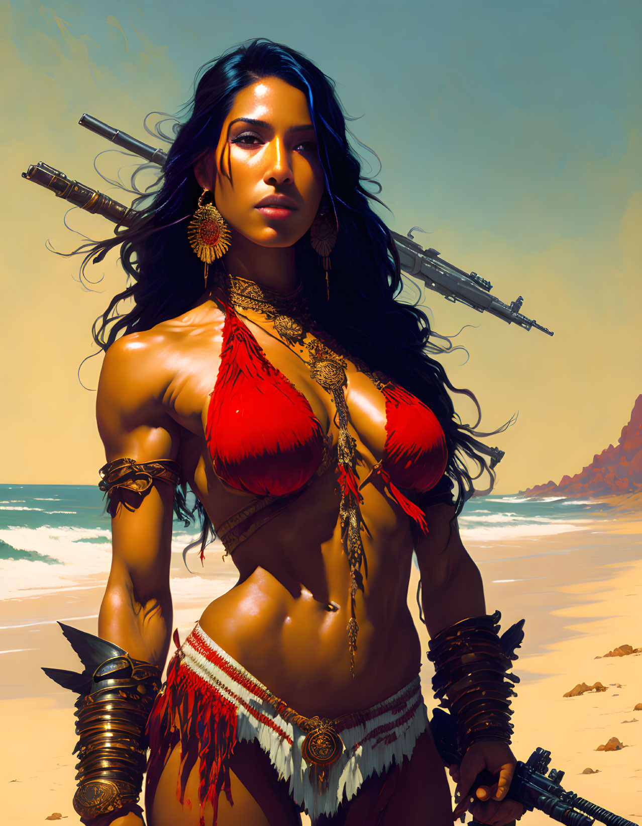 Warrior woman in red and gold bikini armor with gun on beach