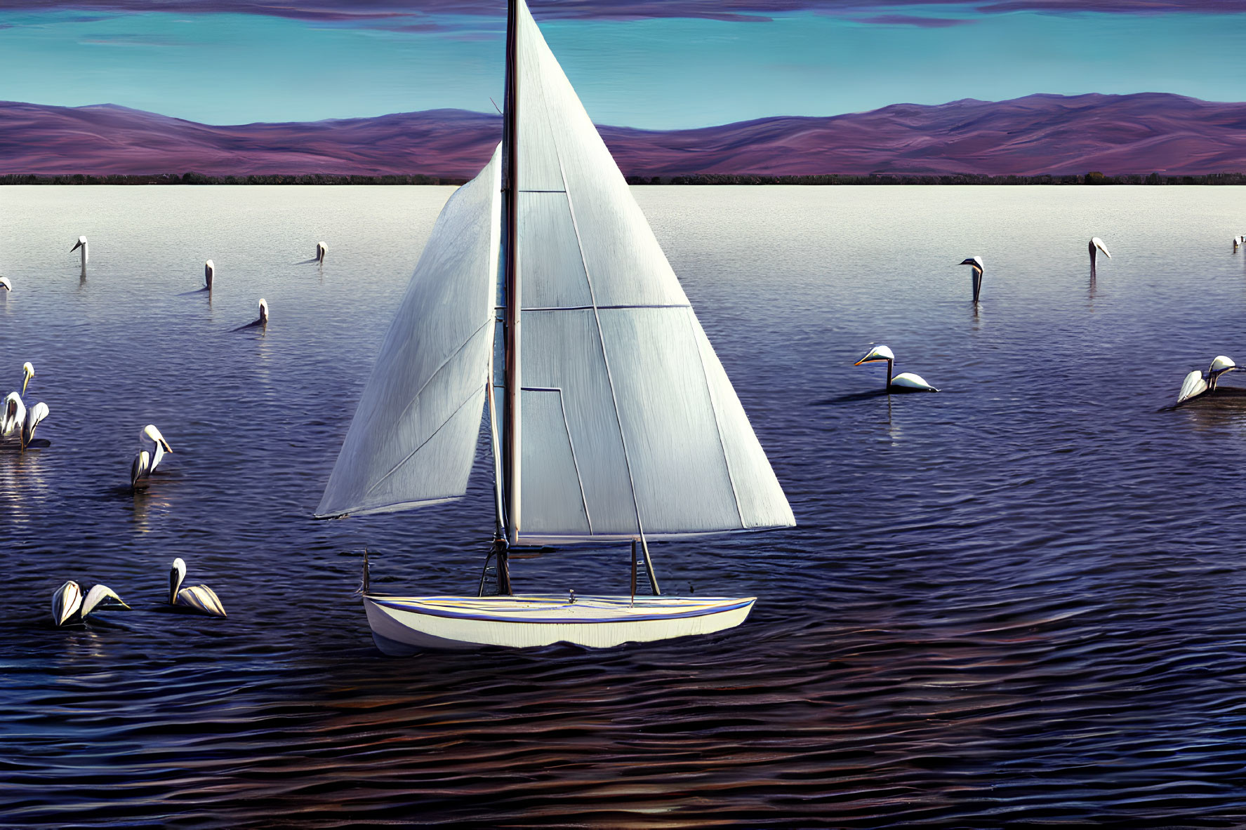 Sailboat with swans on water near hills and blue sky