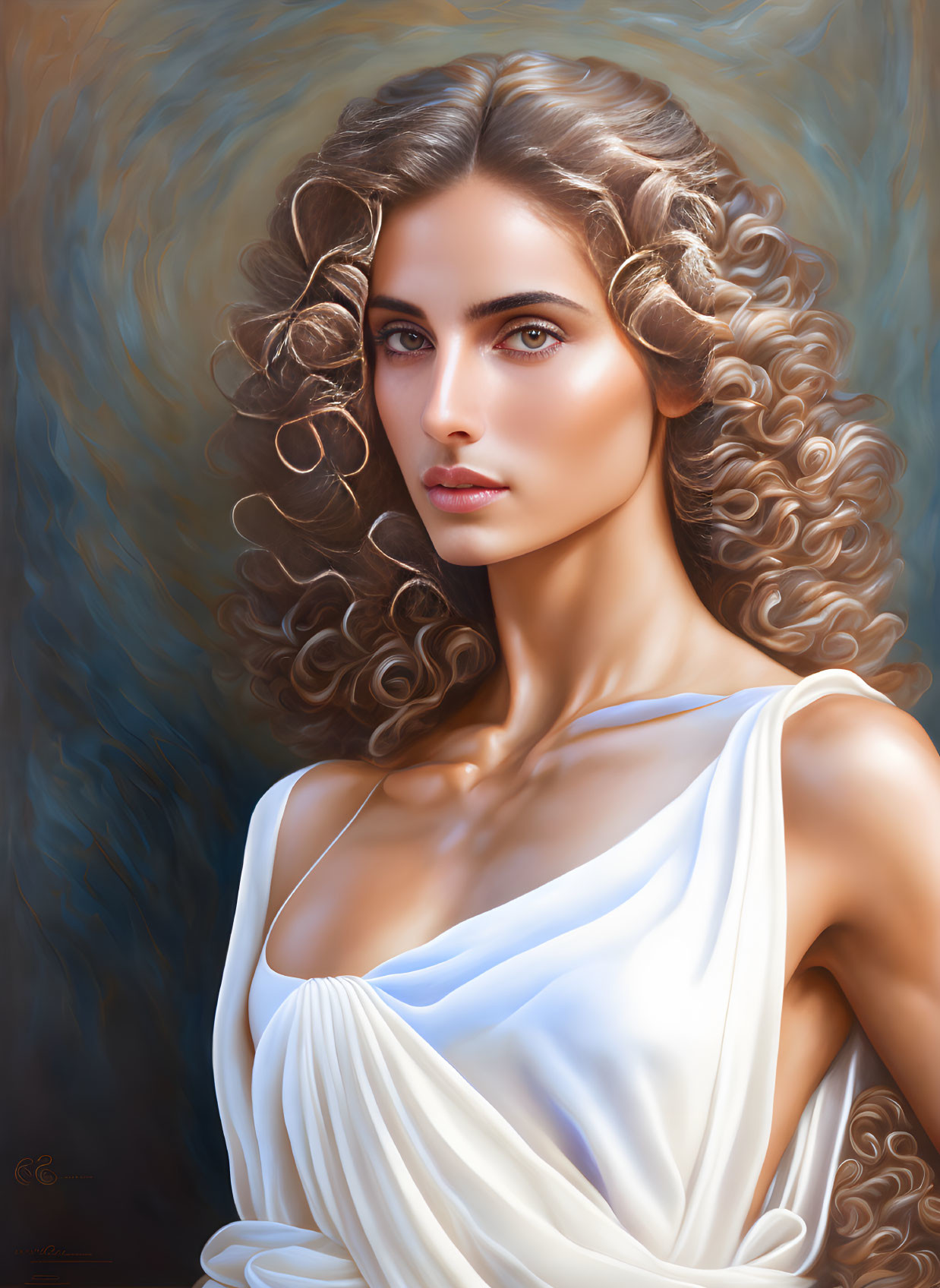 Curly Haired Woman in White Garment Against Soft Background