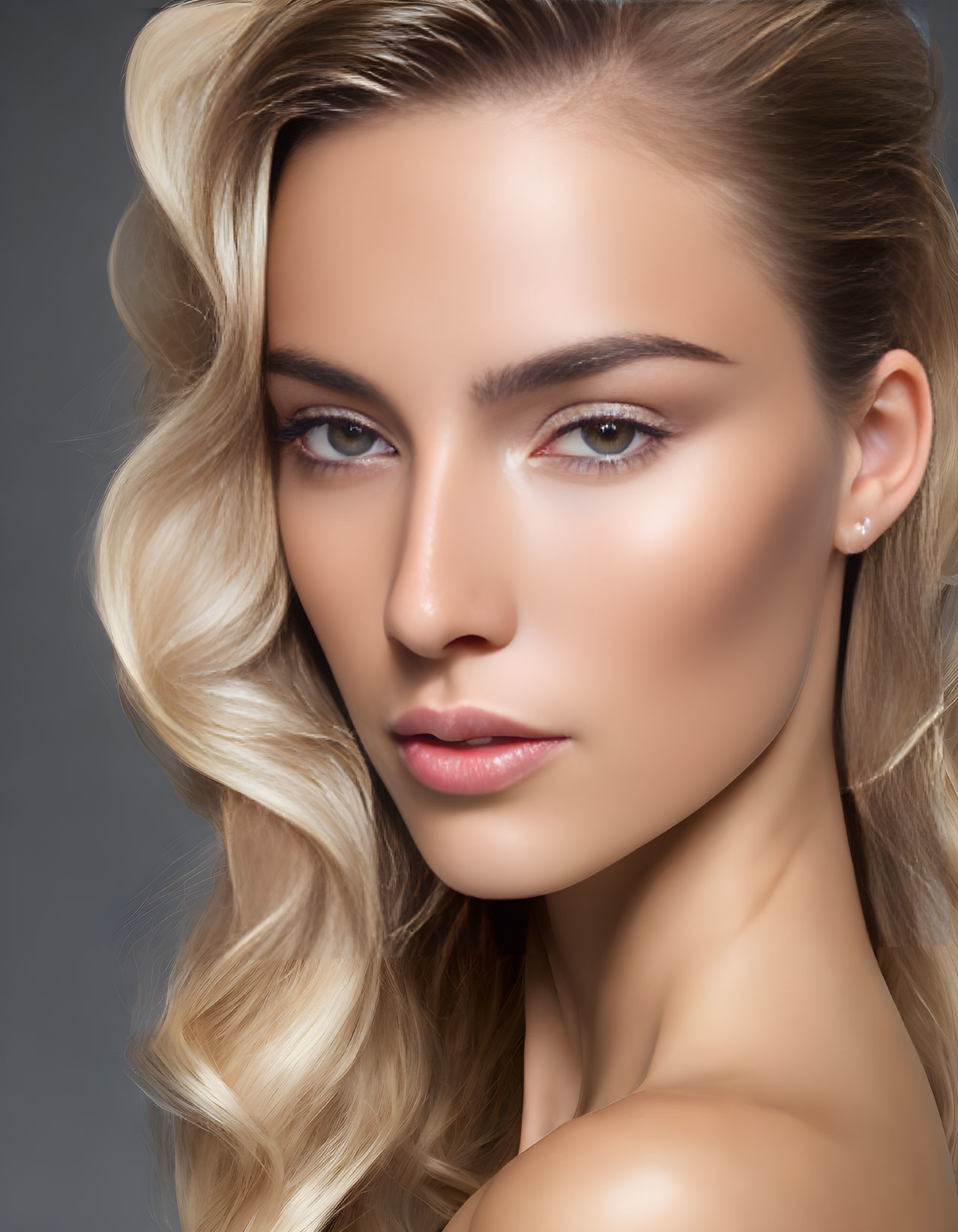 Portrait of person with wavy blond hair and makeup on gray background