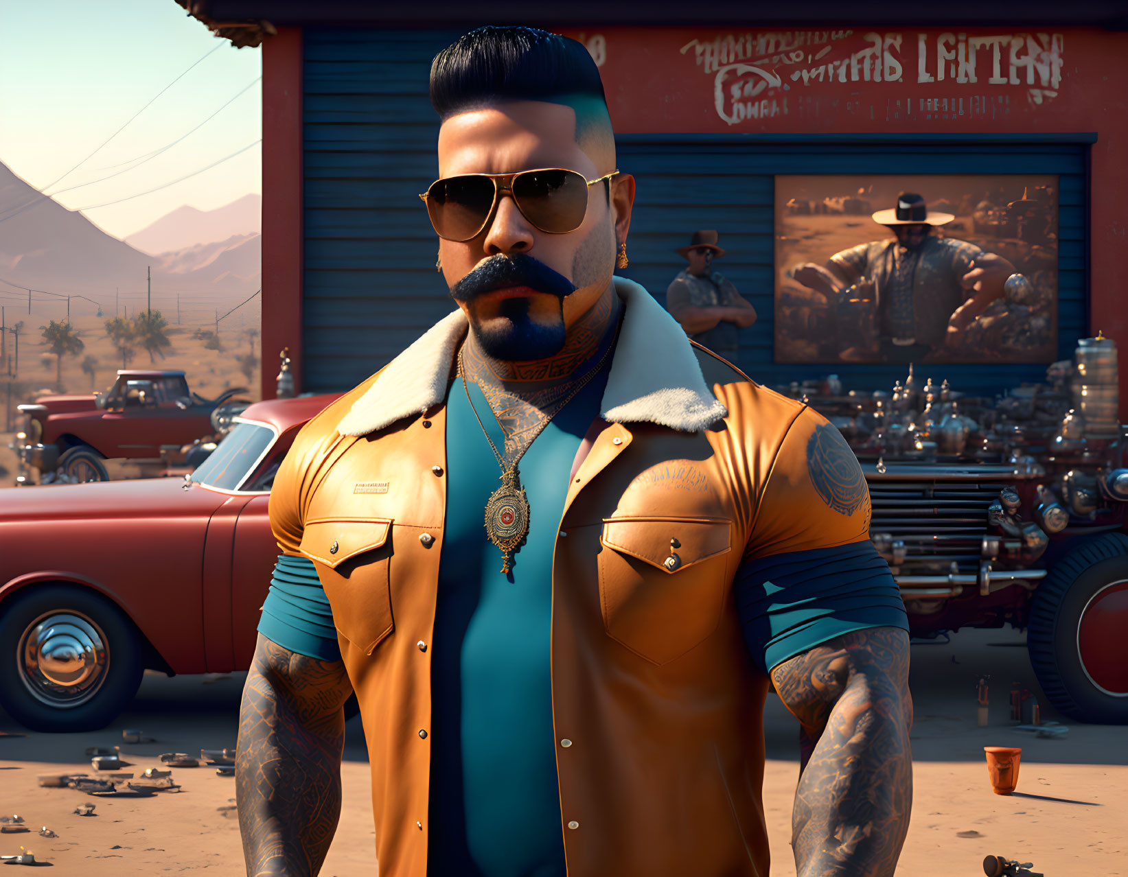 Stylized animated man with tattoos and beard in front of vintage cars