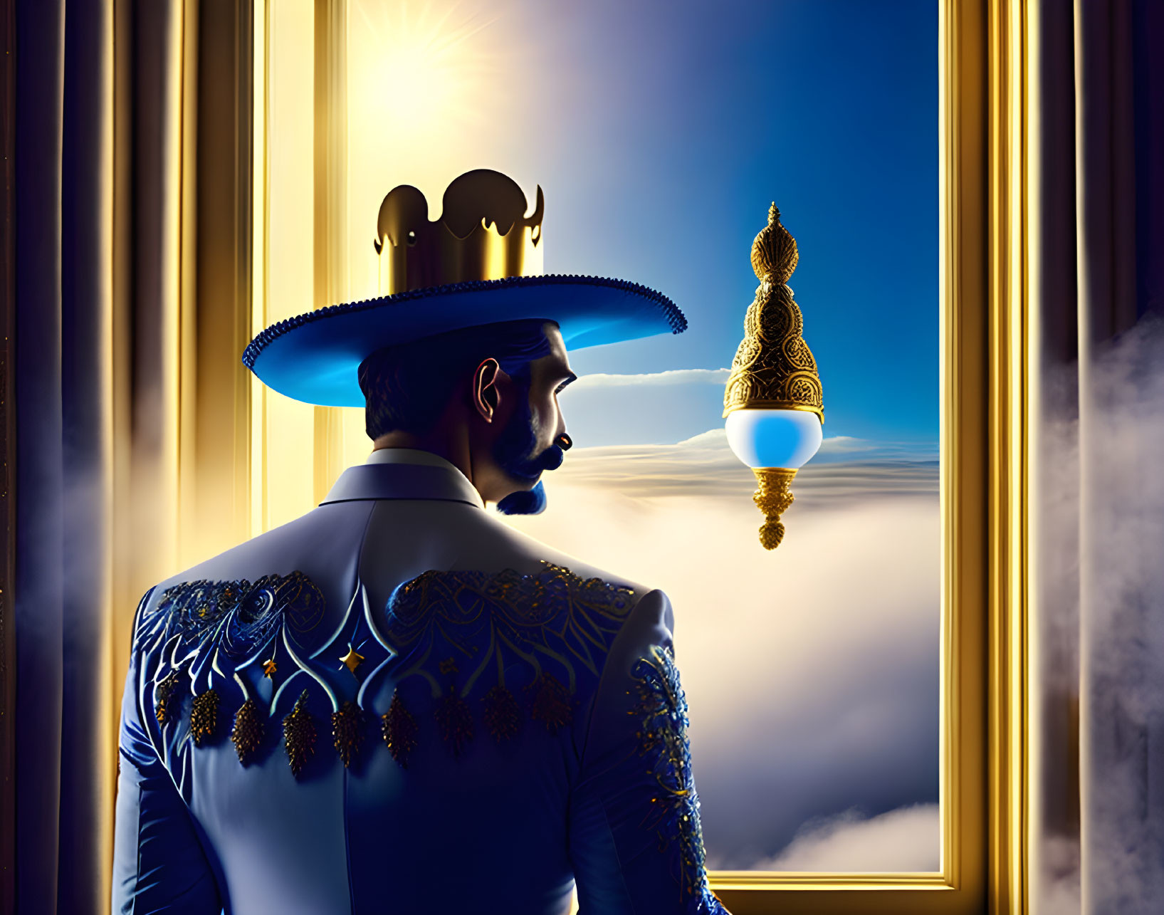 Figure in ornate blue uniform gazes at floating lamp in cloudy sky from window