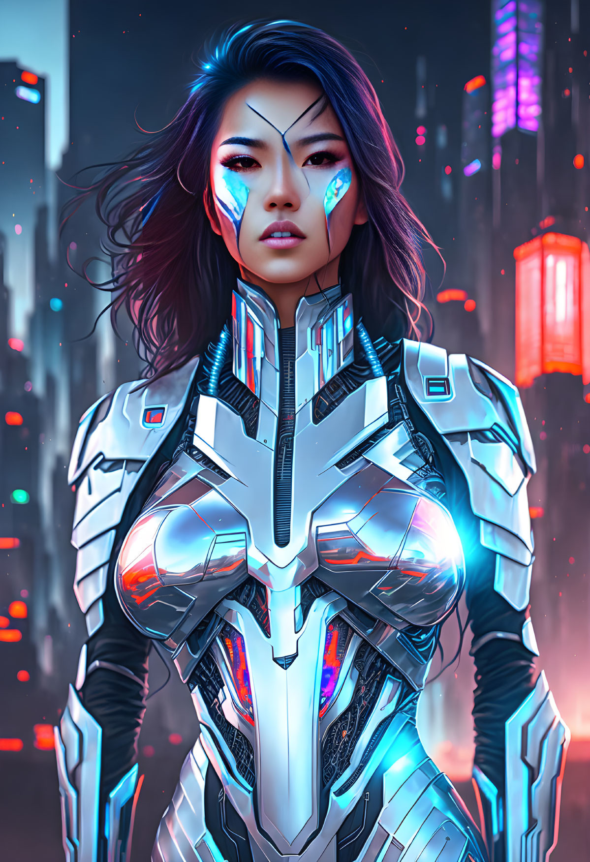 Futuristic warrior woman in glowing armor with neon-lit skyscrapers