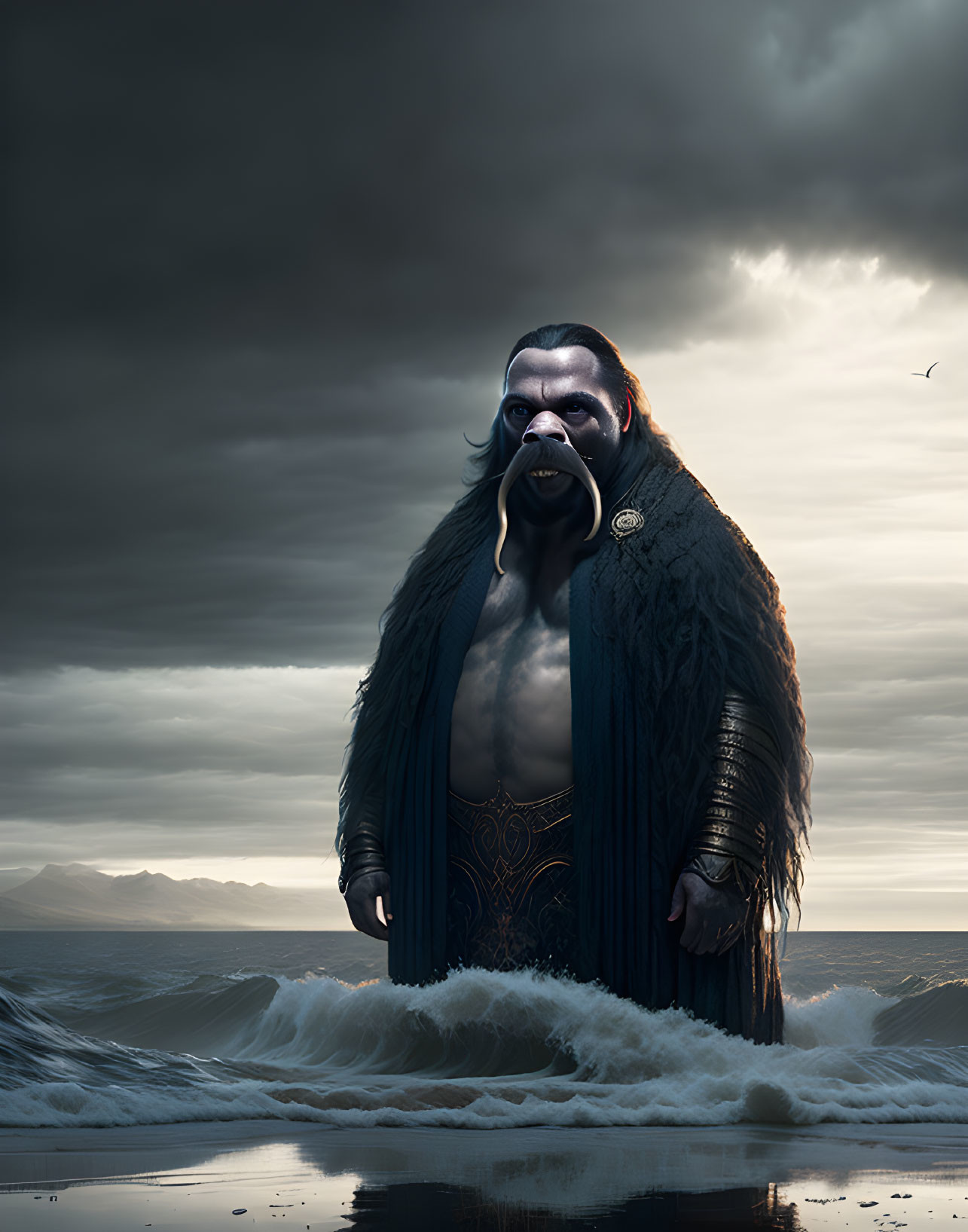 Majestic ape-like creature in decorative attire by the shore