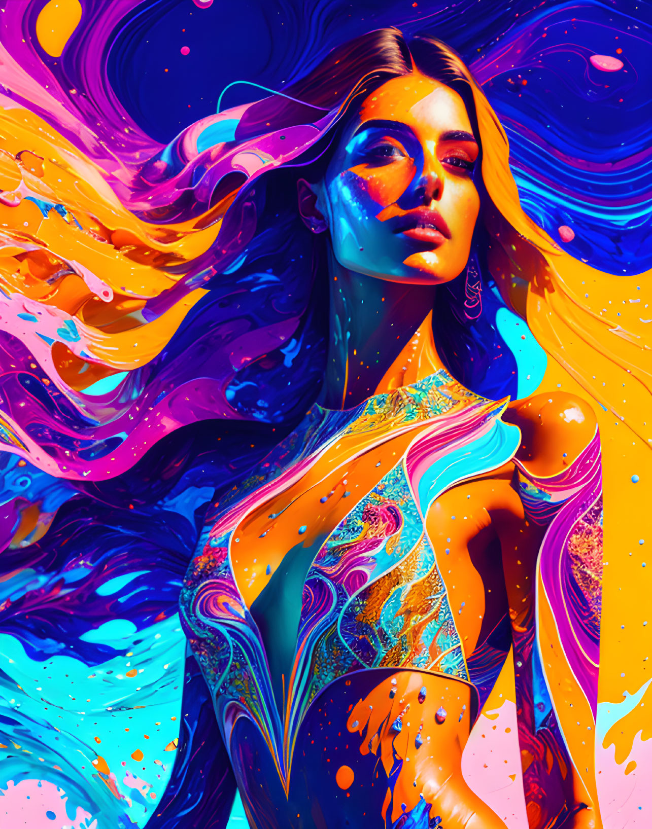 Colorful digital artwork of woman with flowing hair in neon hues