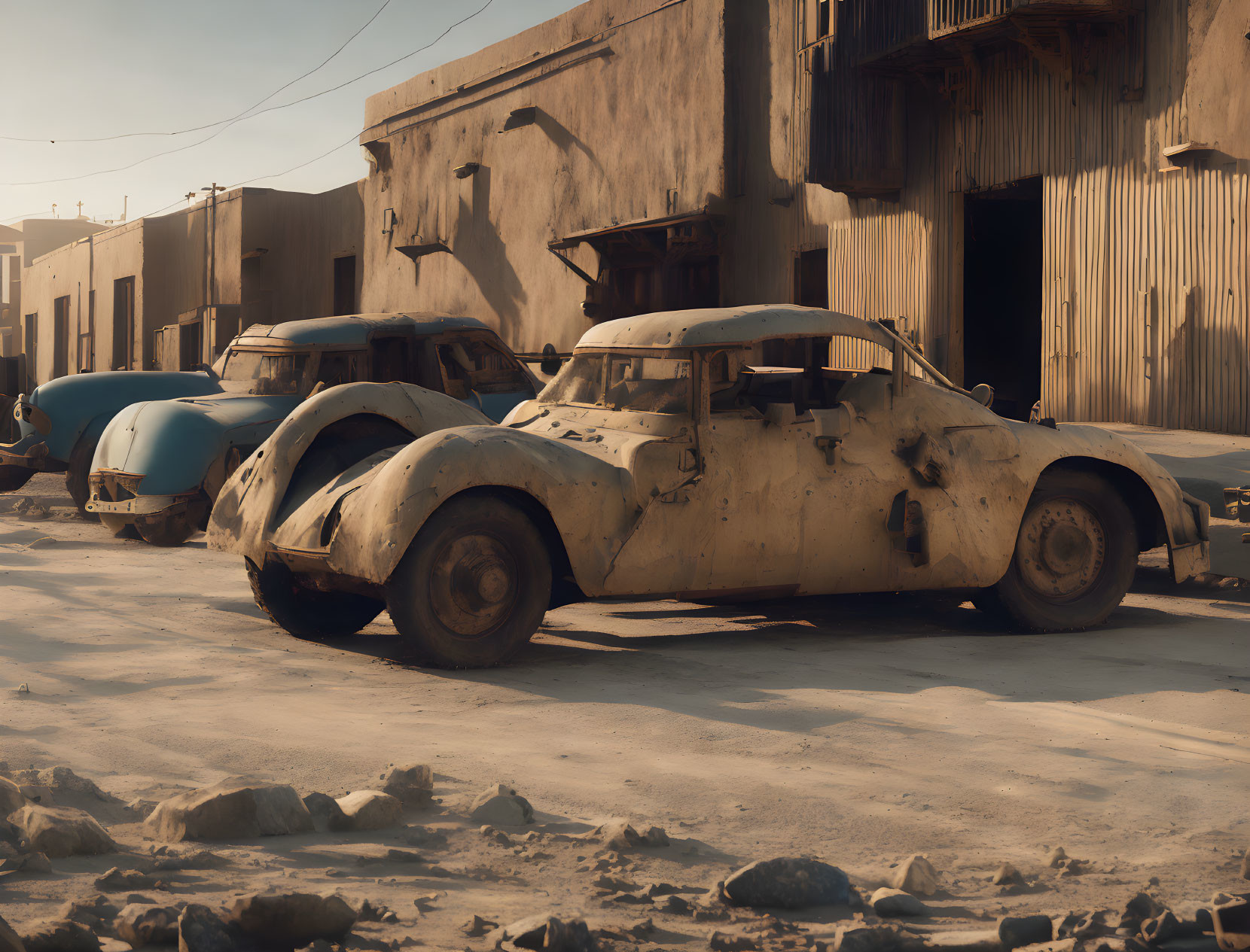 Dusty Vintage Cars Parked on Deserted Sandy Street