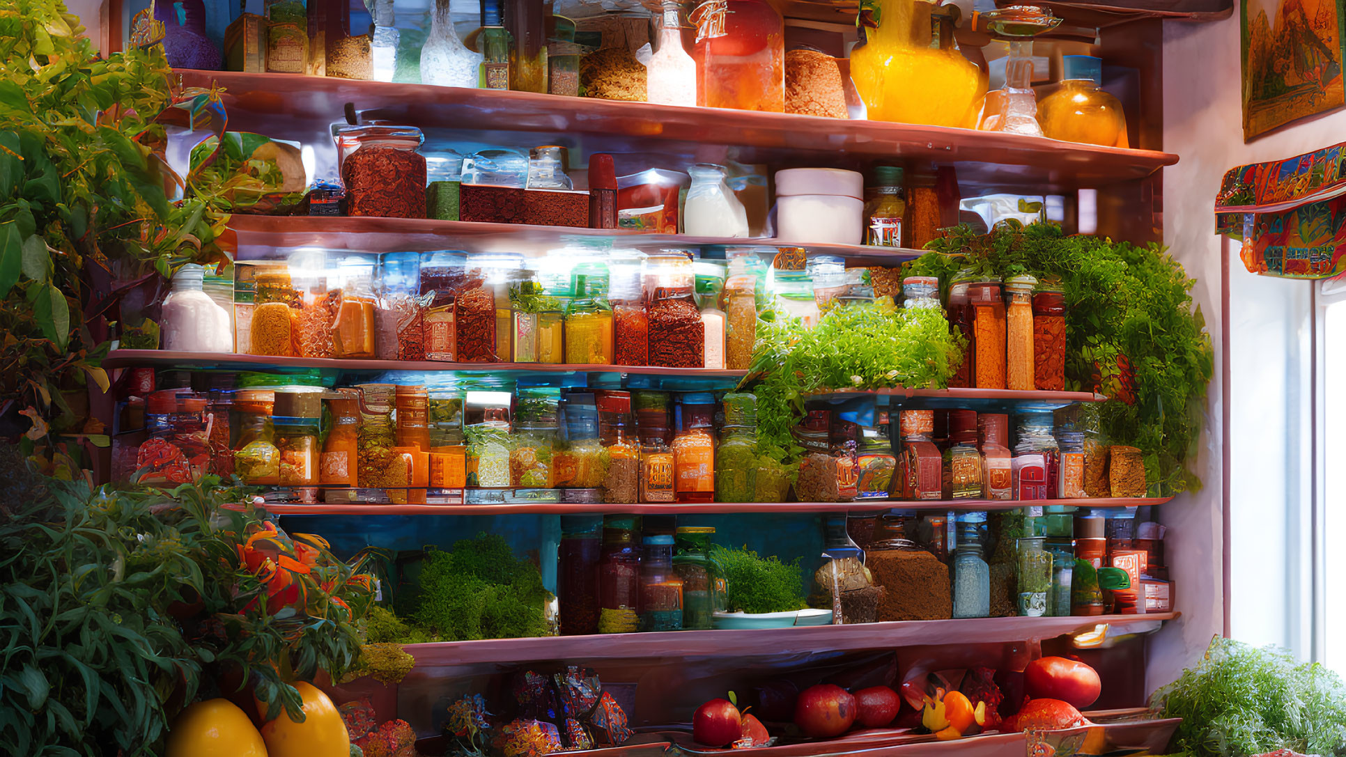 Assorted spices in jars on wooden shelves with fruits and greenery