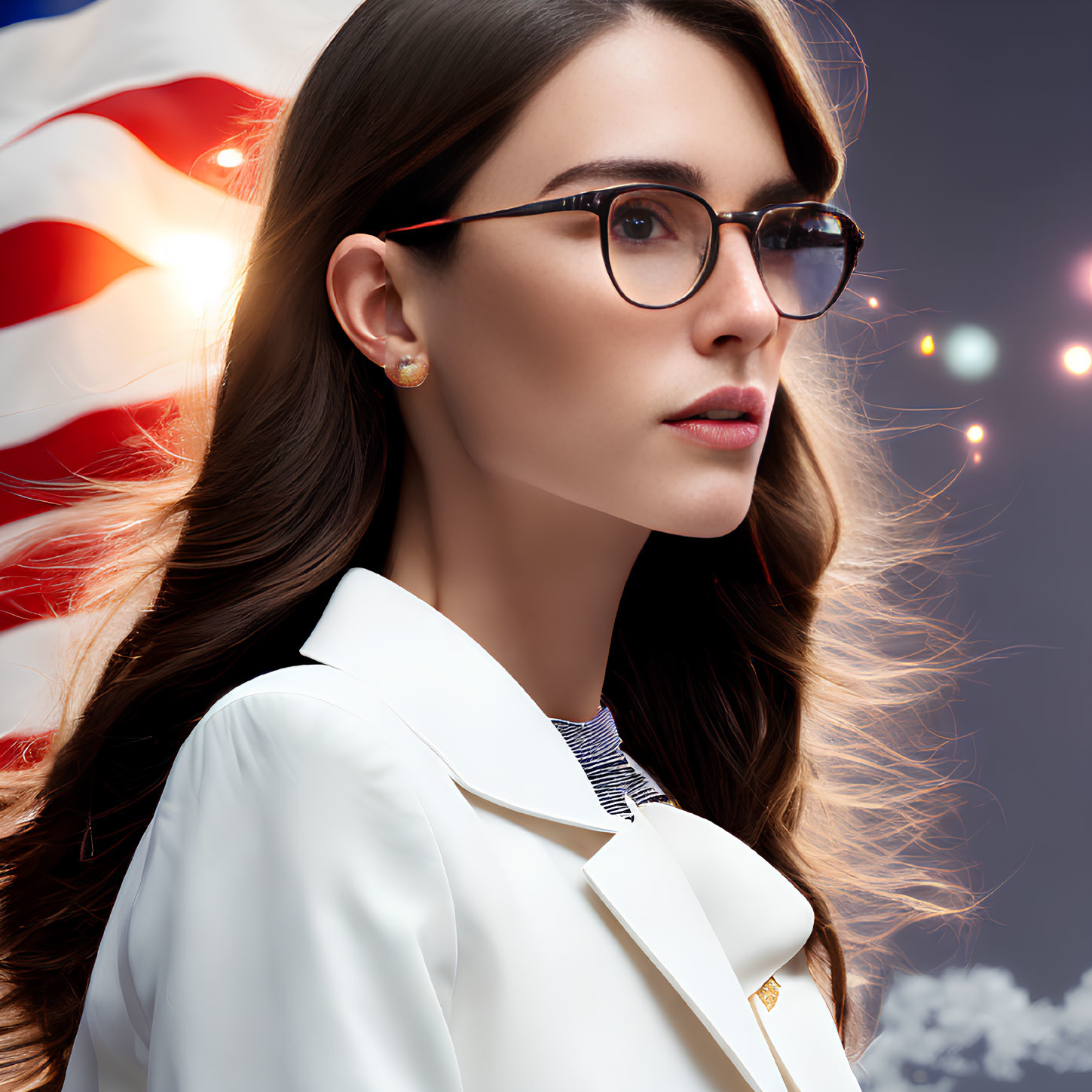 Professional woman in glasses with white blazer against American flag