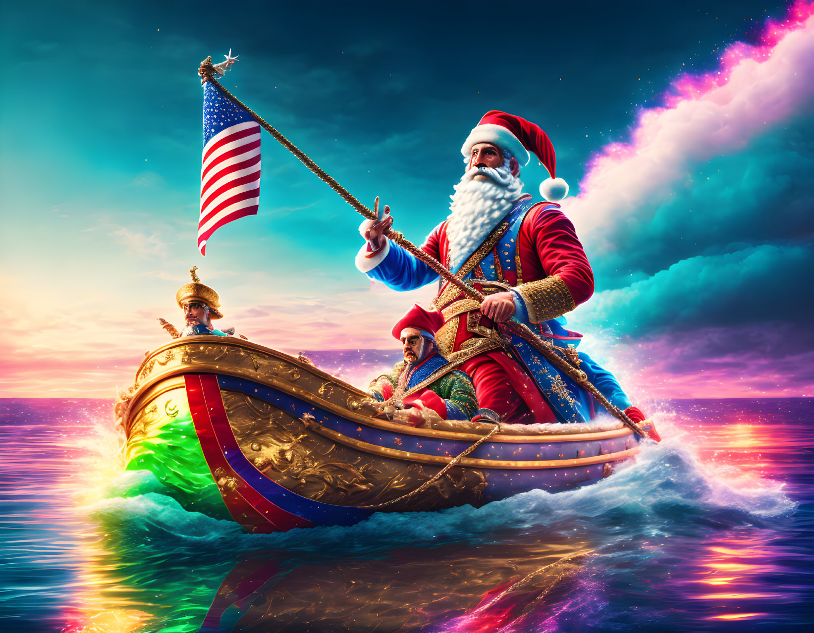 Patriotic Santa Claus in sleigh-boat with elves under vibrant sunset sky