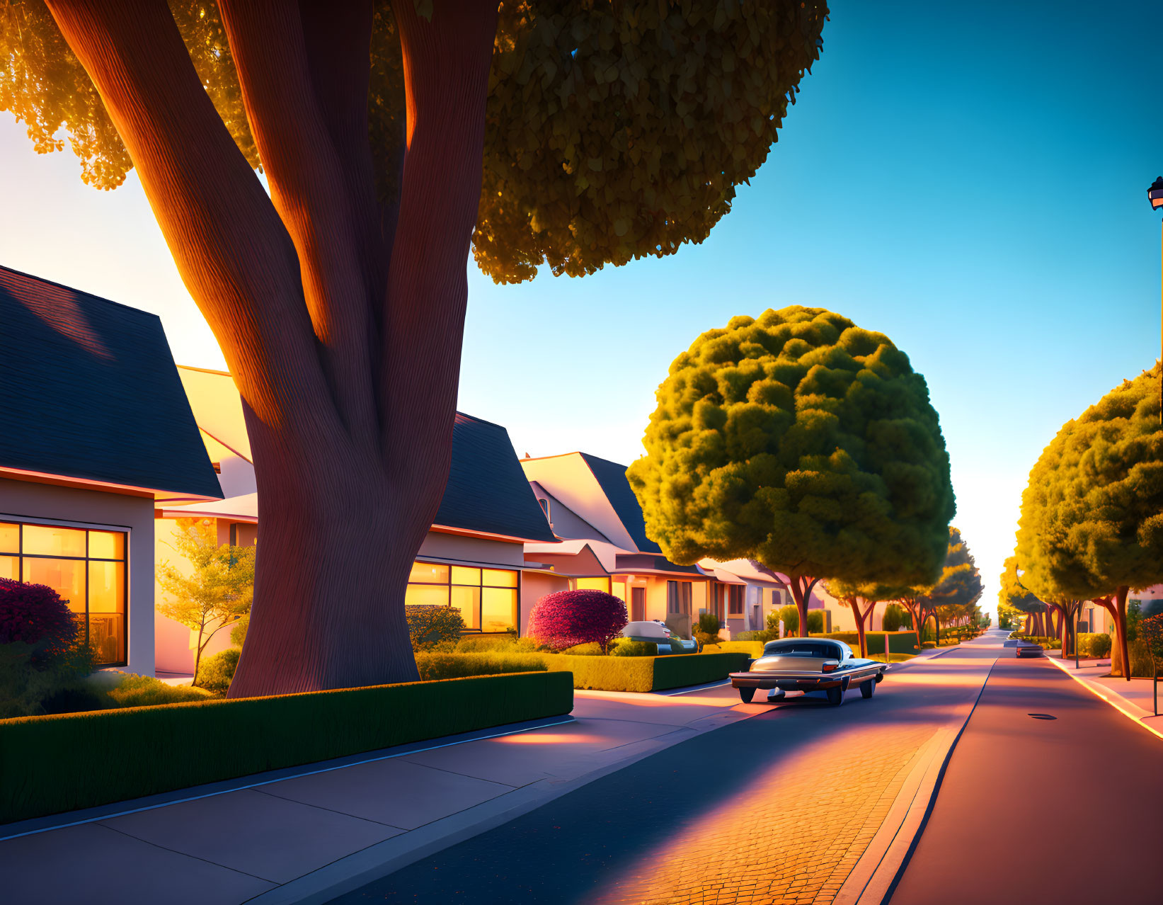 Tranquil suburban street scene at sunset