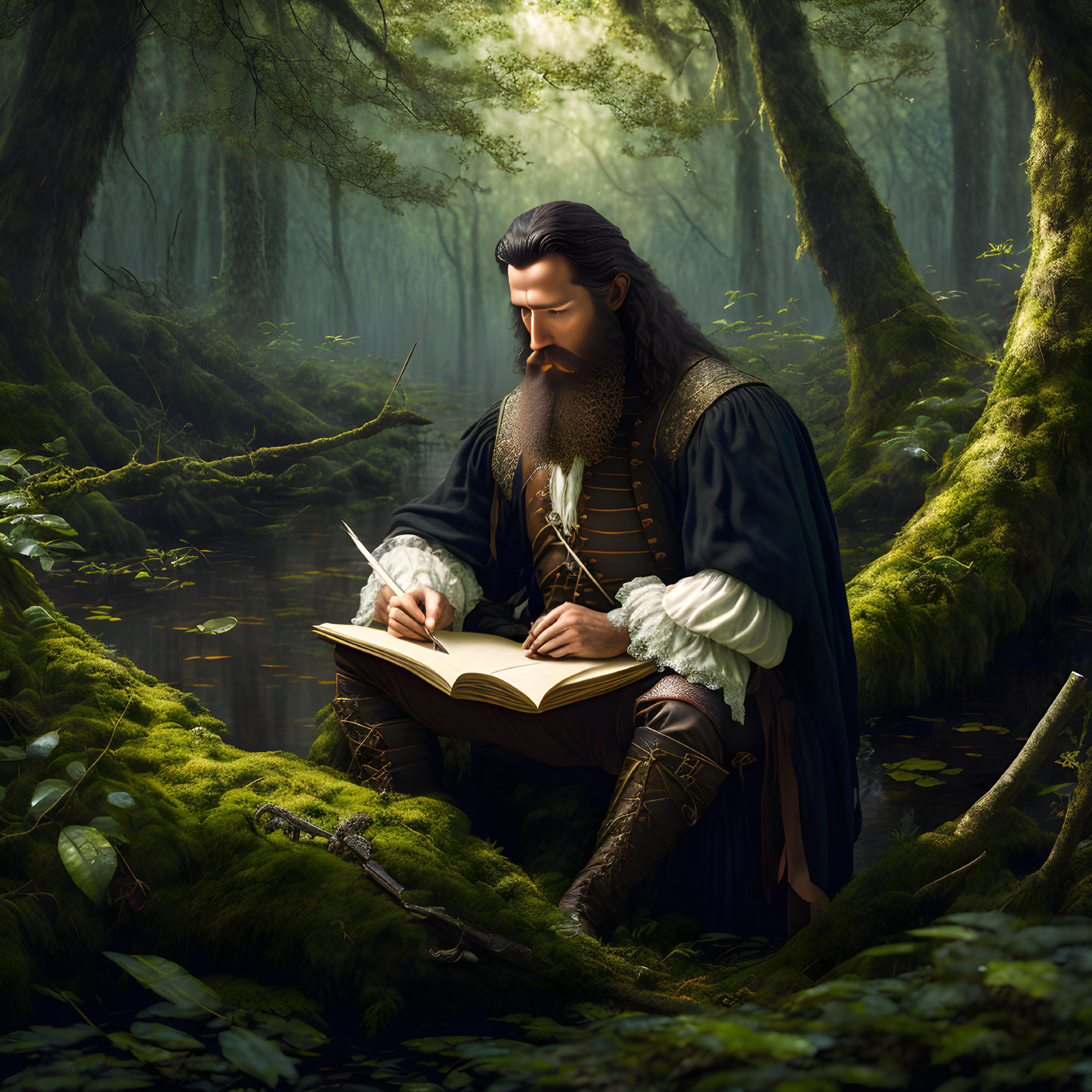 Bearded man in historic clothing writing in lush forest with sunlight filtering through trees