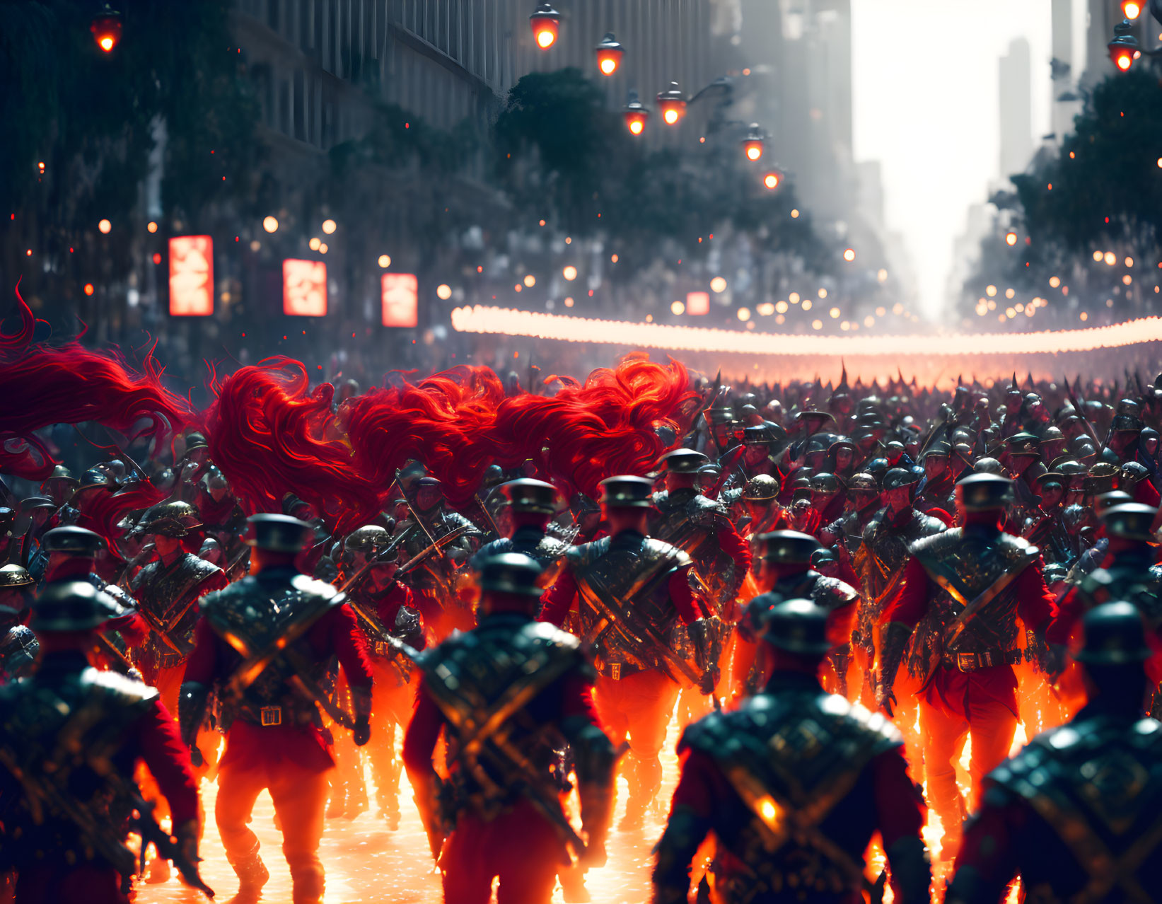 Ceremonial guards with red plumed helmets parade in city street with glowing lights and red smoke