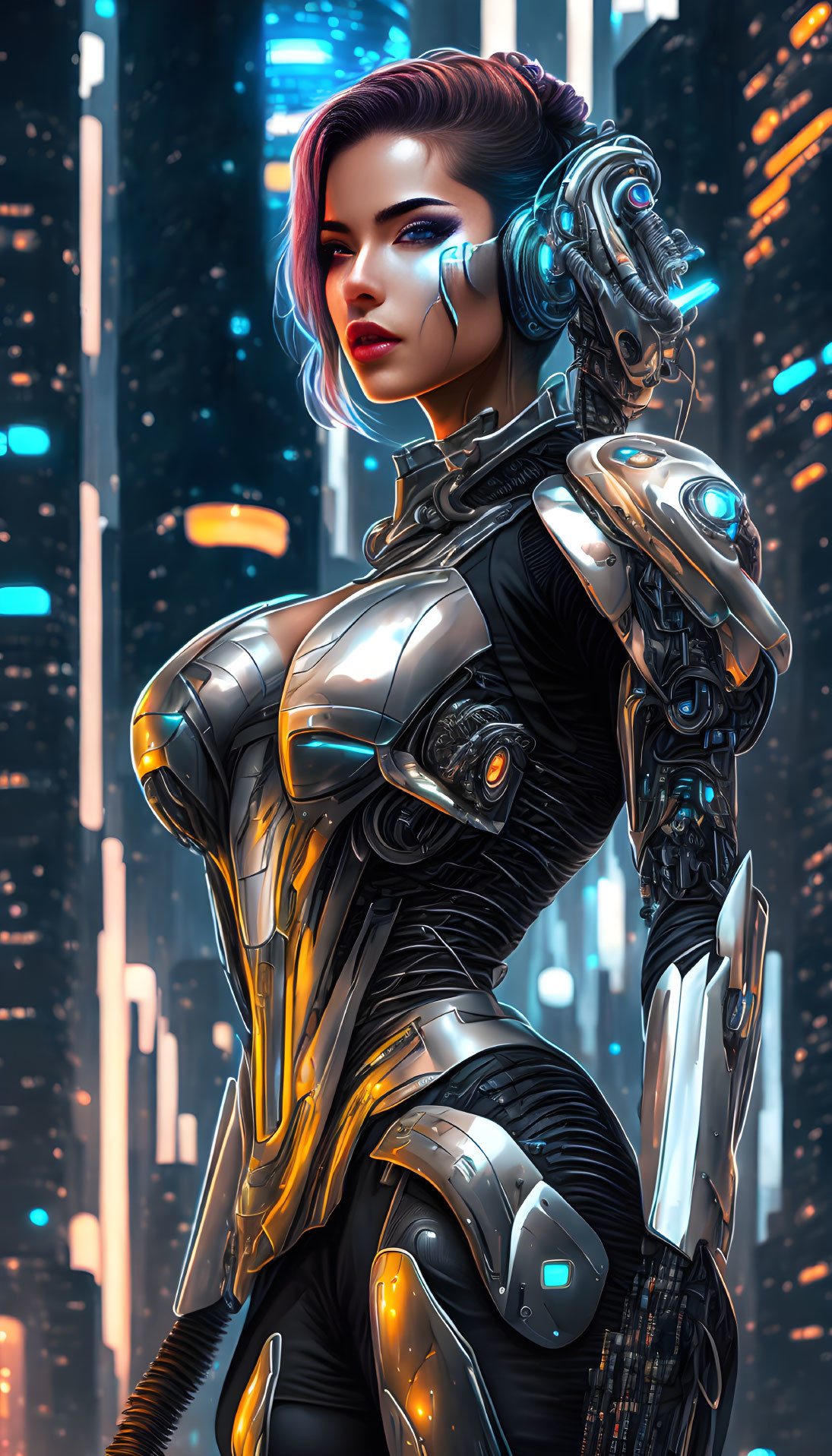 Futuristic female cyborg in blue hair and glowing marks, wearing advanced armor suit in neon-l