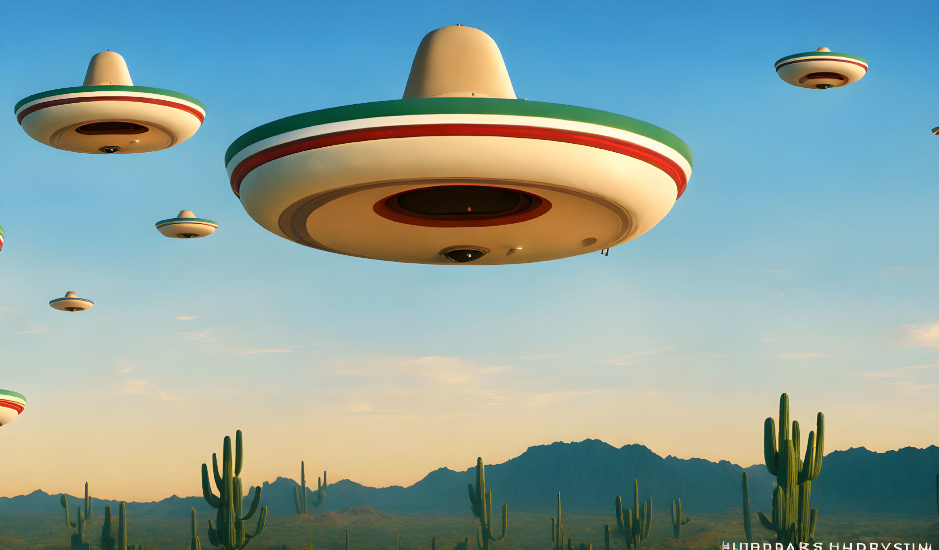 UFOs Flying Over Desert with Cacti and Blue Sky