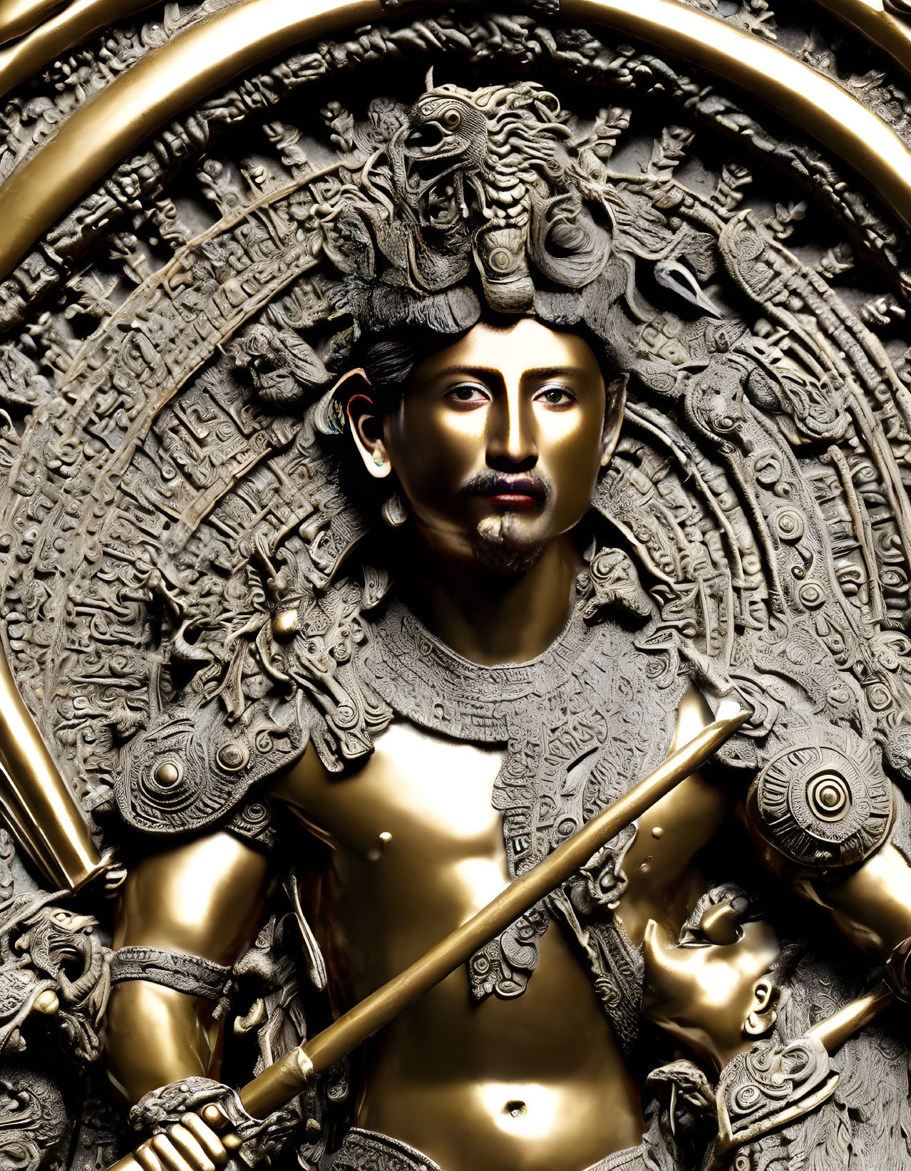 Intricate Golden Statue of Male Figure with Halo and Staff