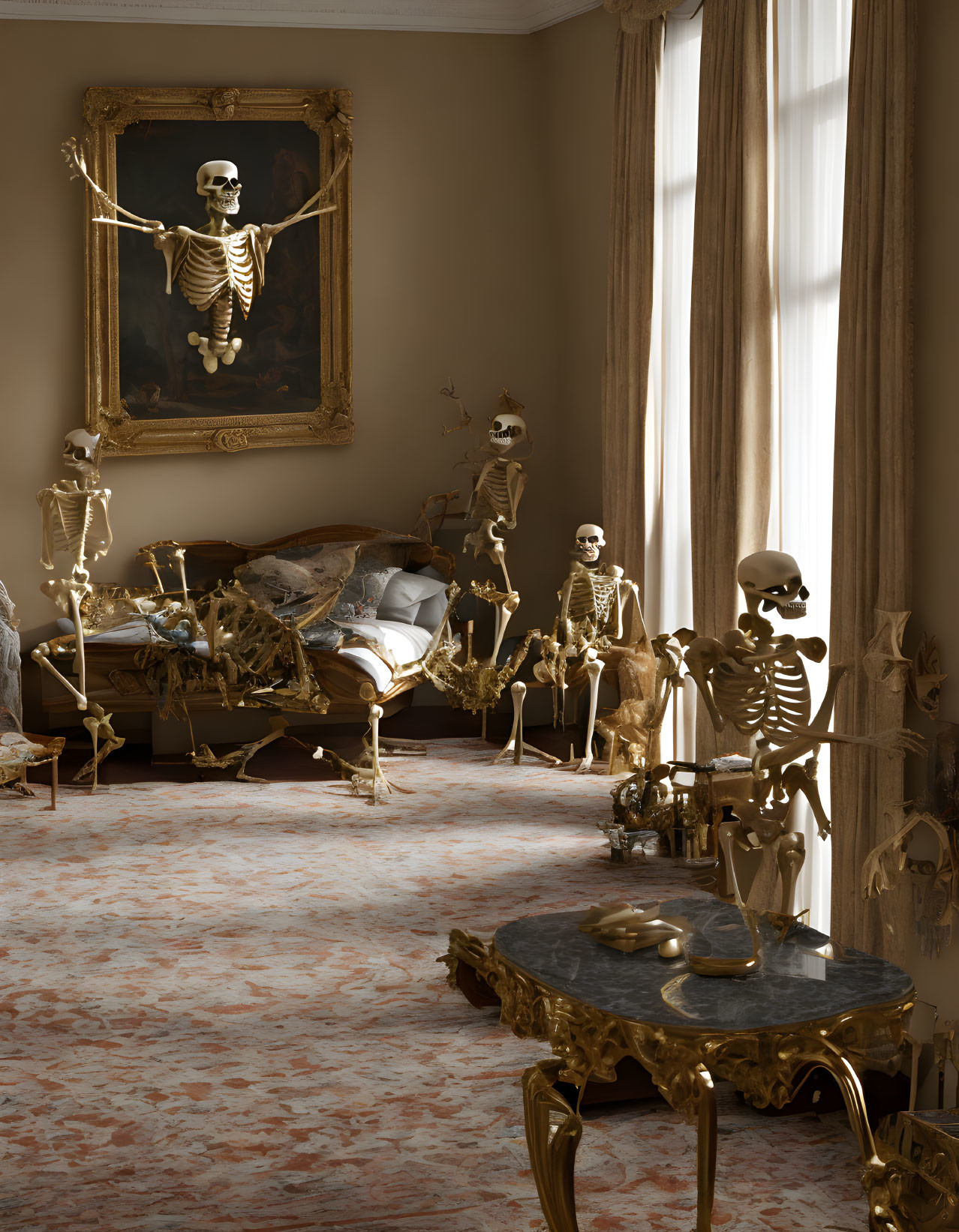 Skeletons in classical room engage in human activities.