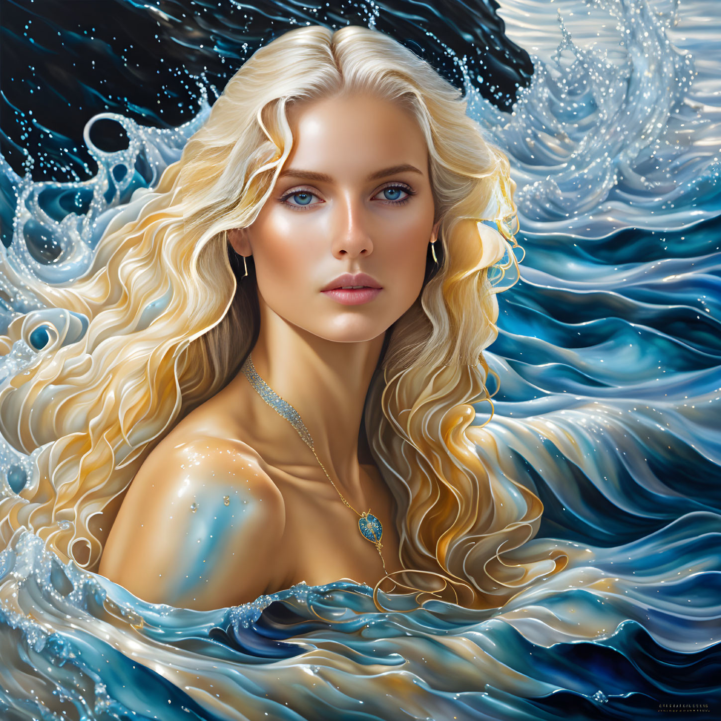 Blonde Woman Digital Portrait with Mystical Water Waves