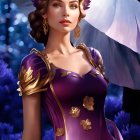 Regal female figure in golden armor with purple floral accents