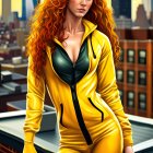 Digital illustration: Woman with long red hair in yellow suit on rooftop