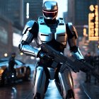 Armored robot with gun in neon-lit cityscape at dusk