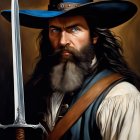 Detailed portrait of man with blue eyes, sword, and cavalier hat