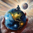 Person on Miniature Earth Held by Giant Hand Surrounded by Planets