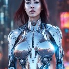 Futuristic warrior woman in glowing armor with neon-lit skyscrapers