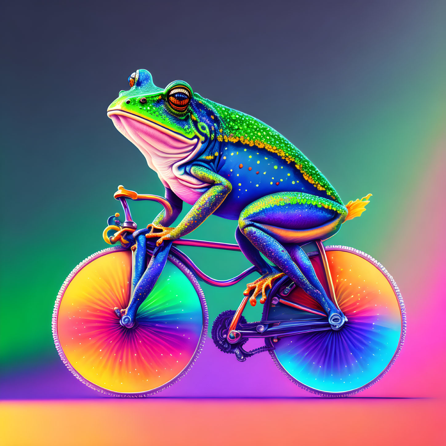 Colorful Frog Riding Bicycle on Gradient Background