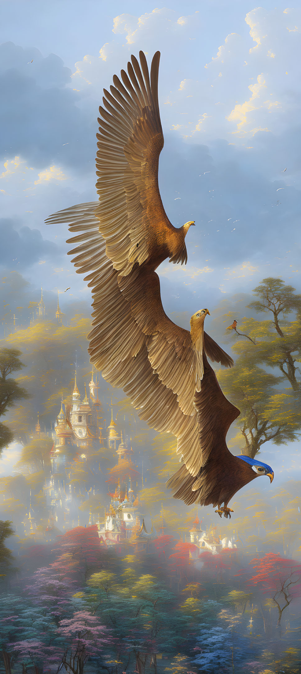 Majestic eagles flying over mystical castle in golden sky