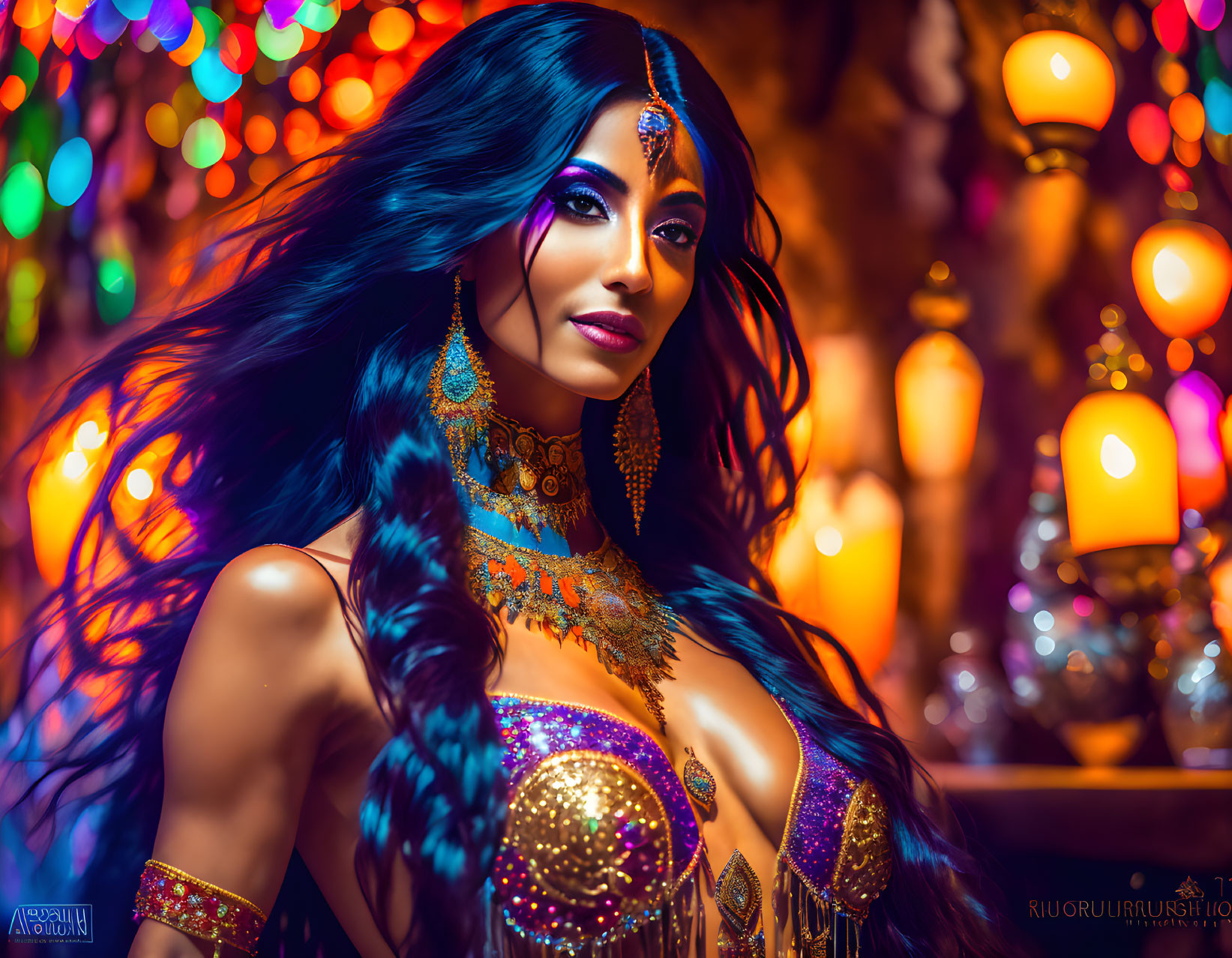 Woman in ornate jewelry and makeup under vibrant lights