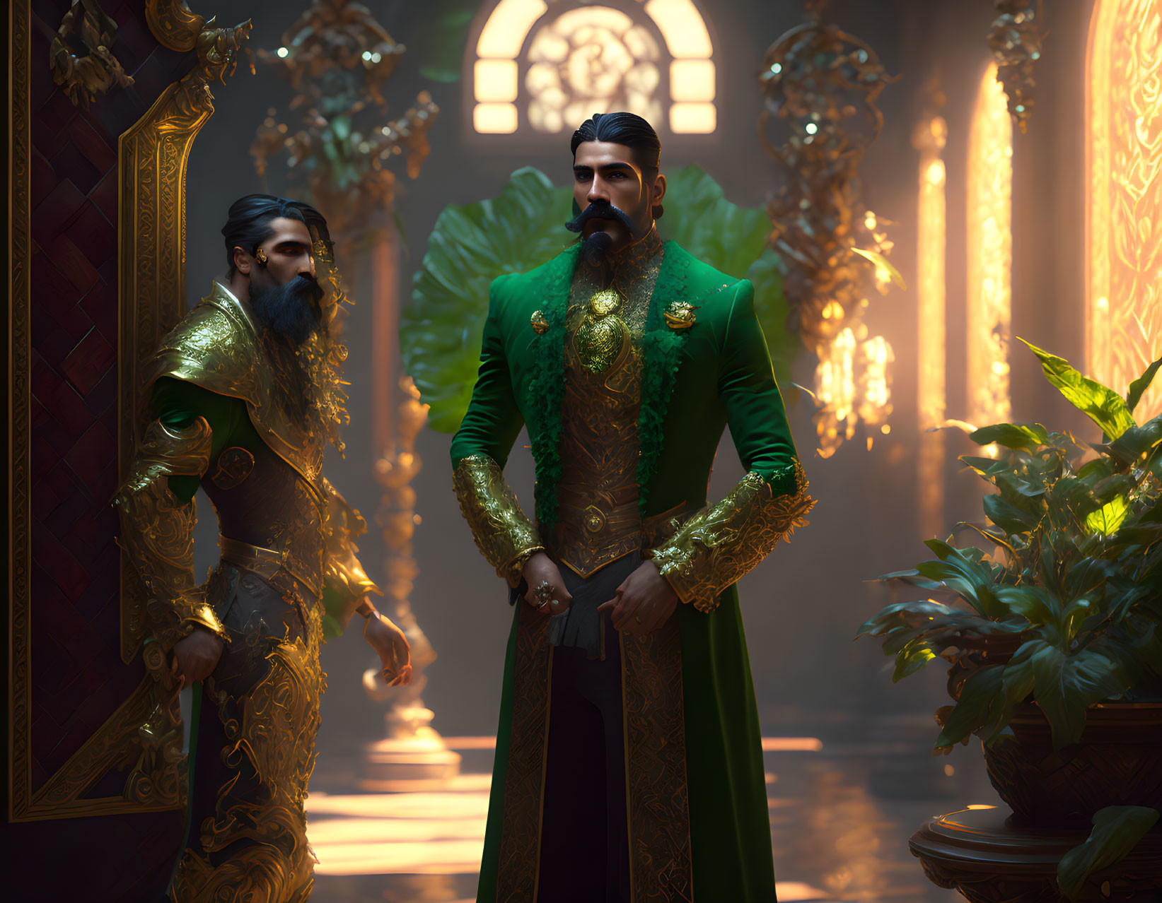 Men in ornate green and gold robes in grand sunlit hall with intricate designs.