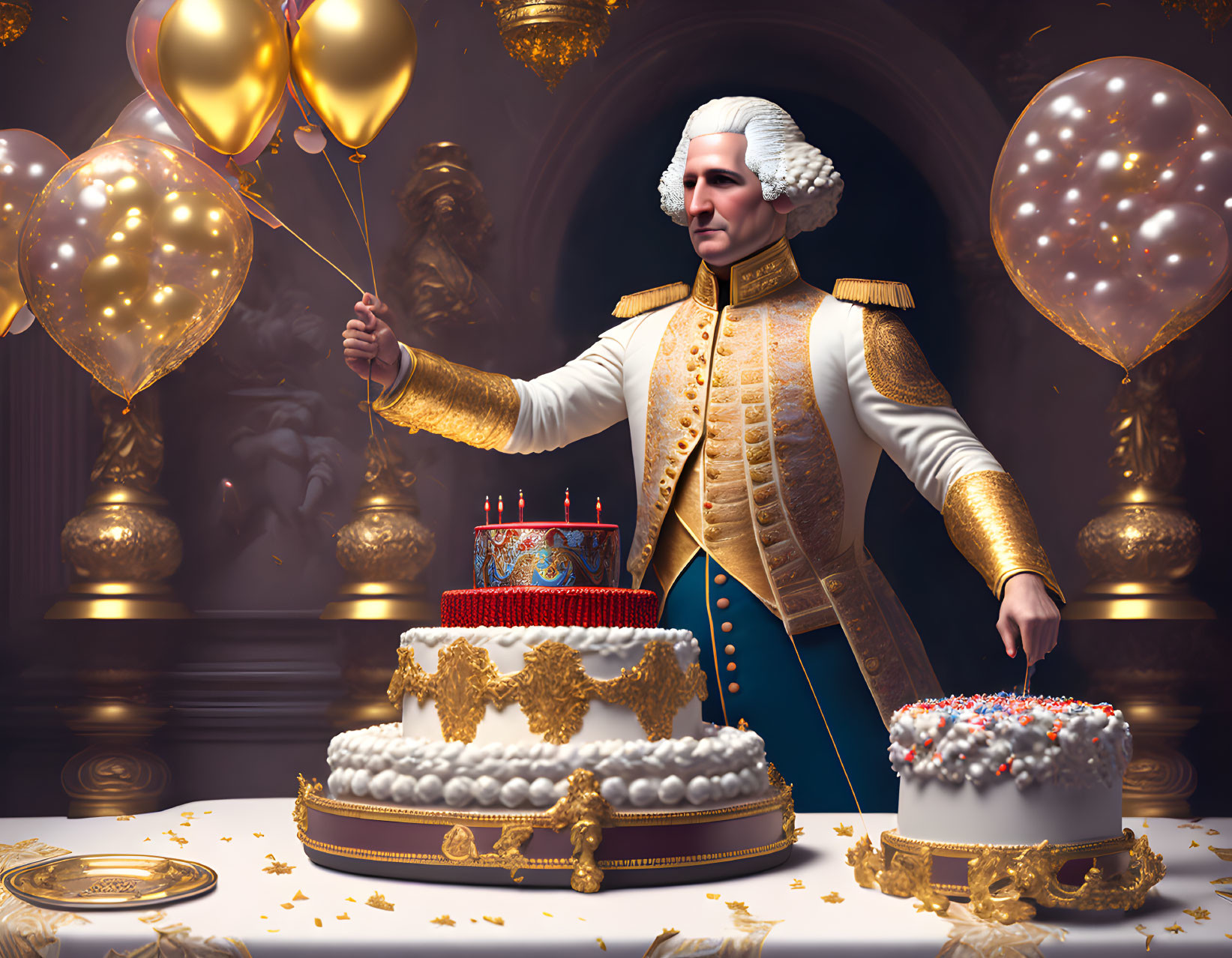 Man in historical military attire with balloons and extravagant cakes in luxurious room