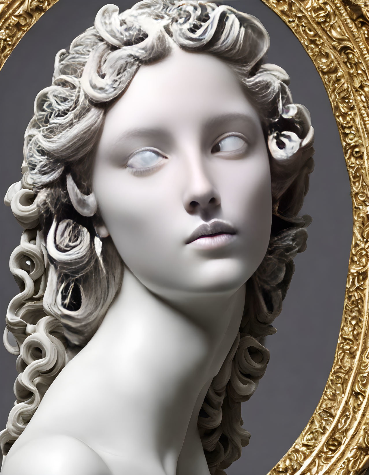 Classical marble-like bust of serene woman with intricate curly hair in ornate golden oval frame