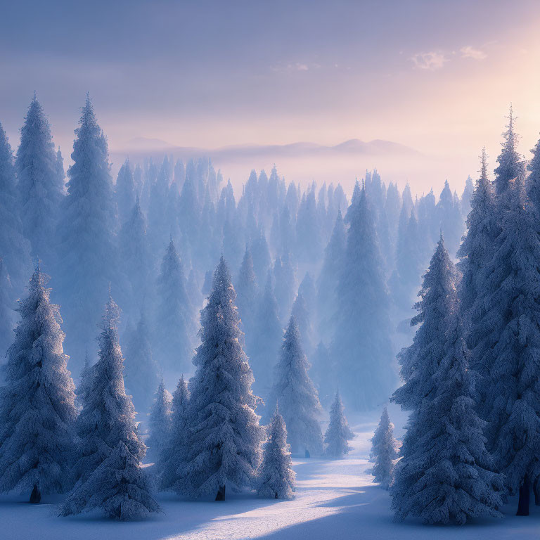 Tranquil snow-covered pine forest in soft sunlight and foggy background