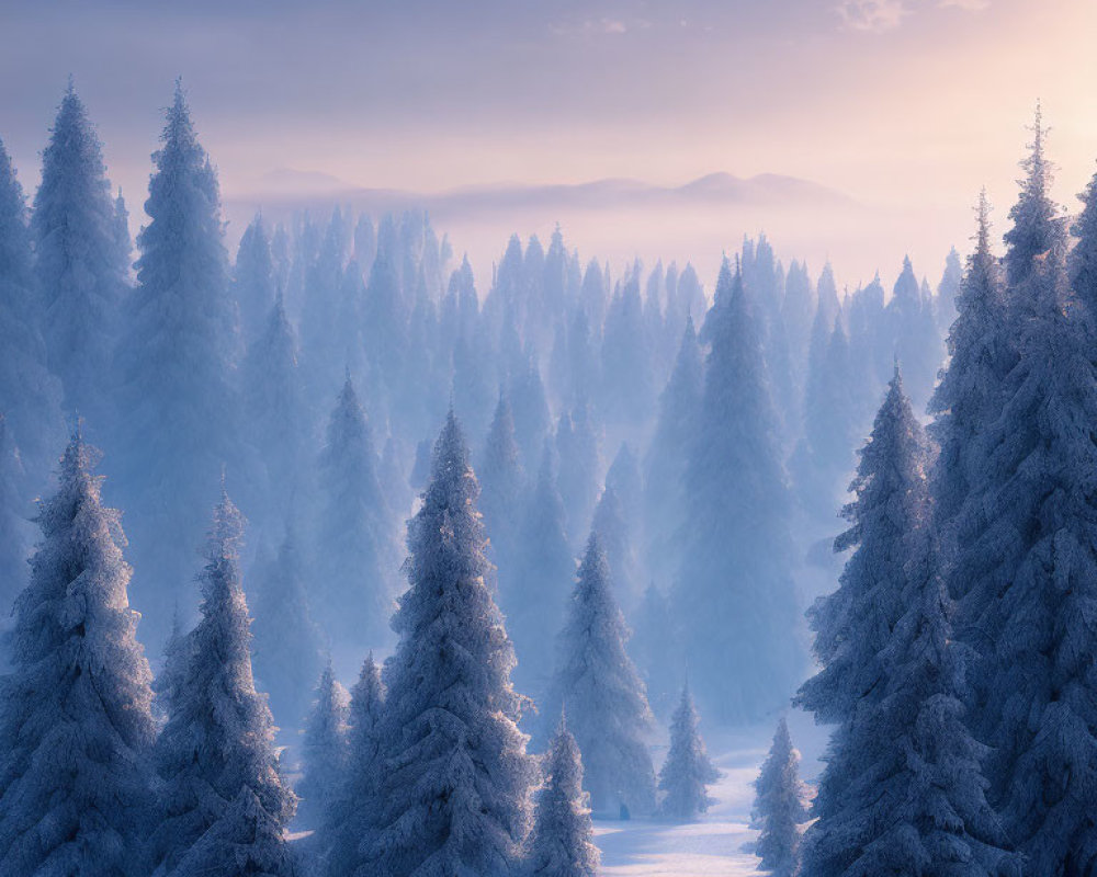 Tranquil snow-covered pine forest in soft sunlight and foggy background