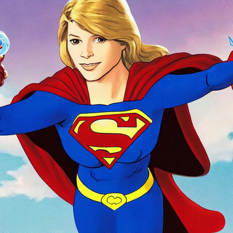 Superheroine Supergirl in flight with blue and red costume against cloudy sky