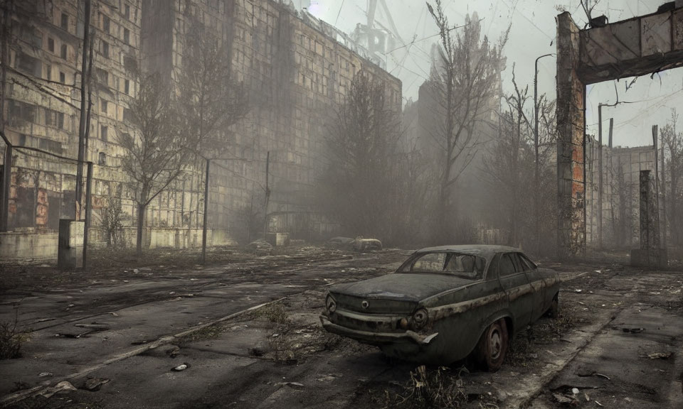 Desolate urban landscape with abandoned car and dilapidated buildings
