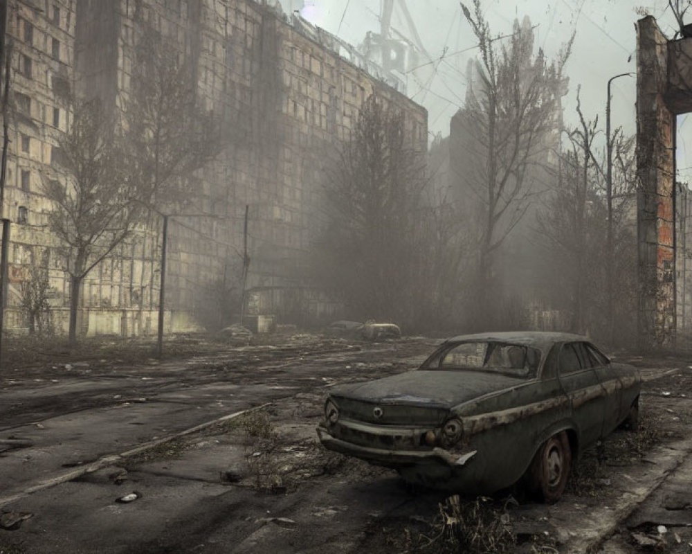Desolate urban landscape with abandoned car and dilapidated buildings