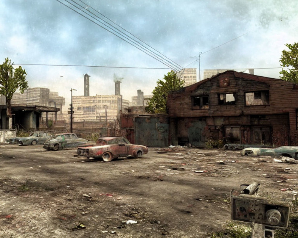 Desolate urban scene with abandoned cars and crumbling buildings