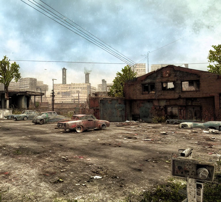 Desolate urban scene with abandoned cars and crumbling buildings