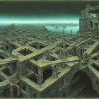 Desolate post-apocalyptic cityscape with dilapidated buildings and eerie atmosphere