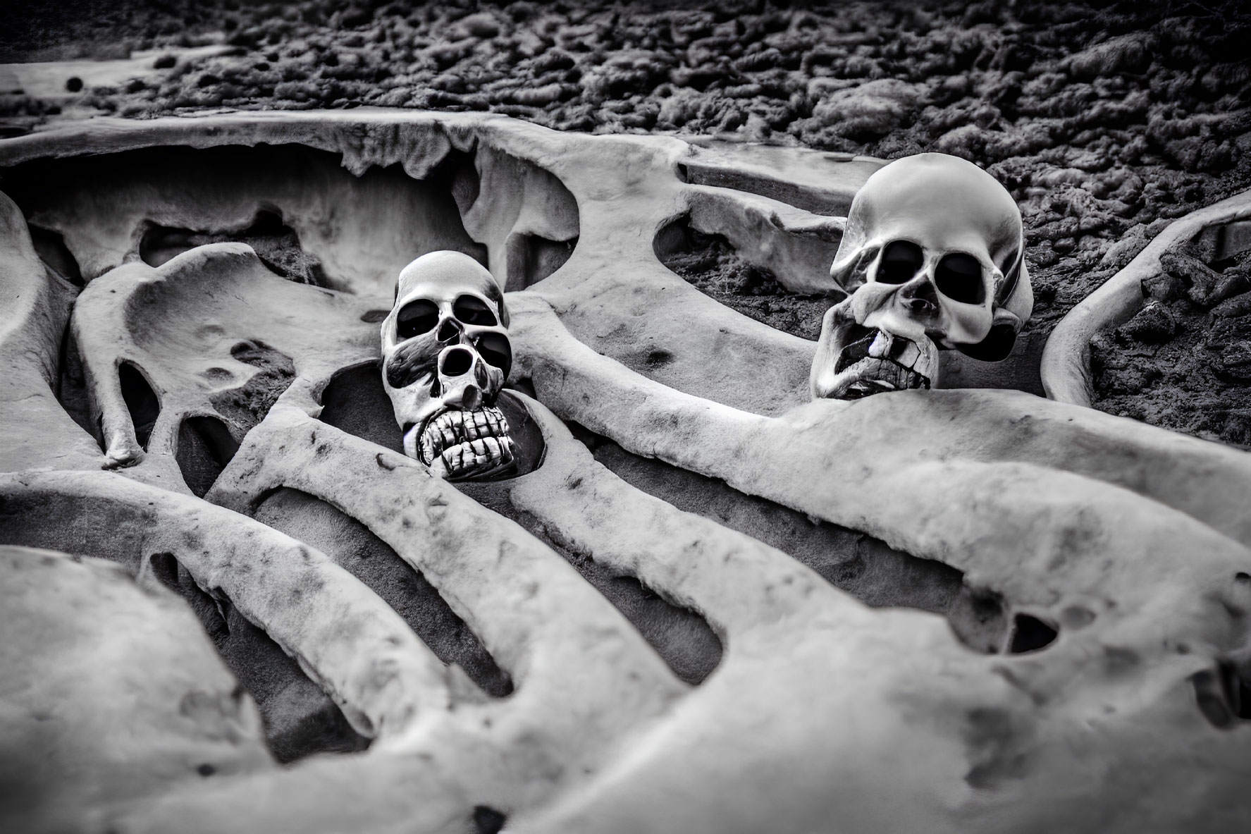 Artistic black and white photo of two human skulls on bone structures