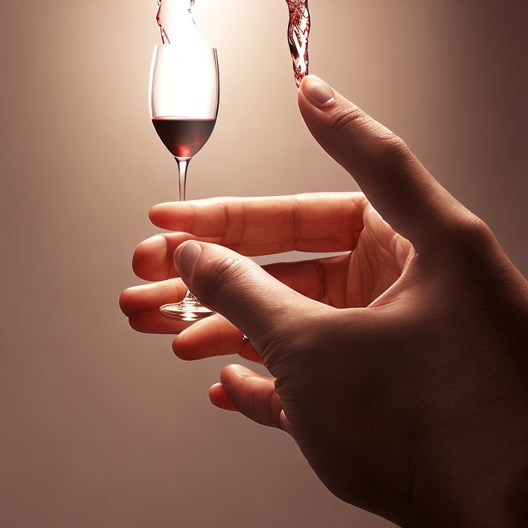 Hand holding wine glass with red wine pouring on warm-toned backdrop