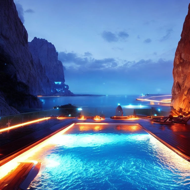 Illuminated pool on wooden deck with coastal cliffs view